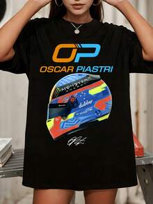 Camiseta de cuello redondo de corte holgado con estampado de carreras de Oscar Piastri - Negro - Ver 1