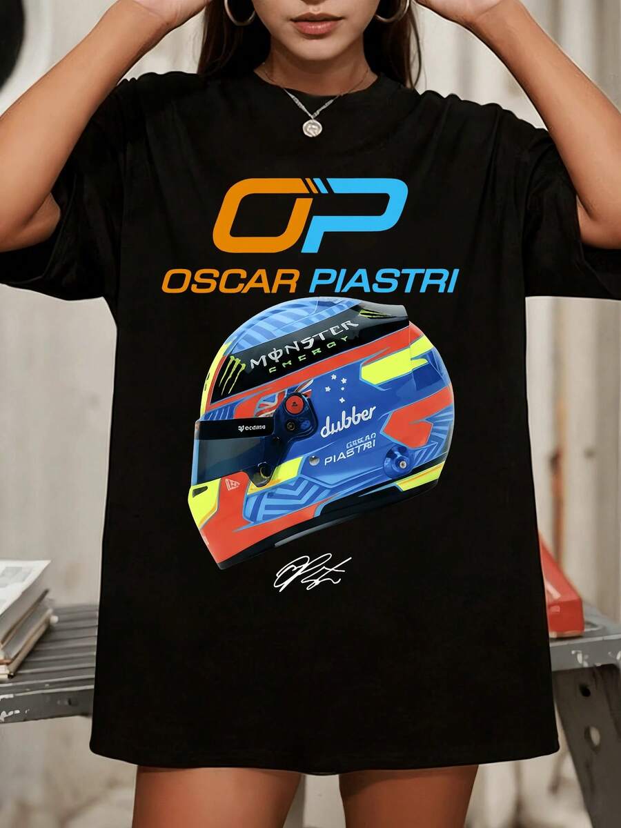 Camiseta de cuello redondo de corte holgado con estampado de carreras de Oscar Piastri - Negro - Ver 1