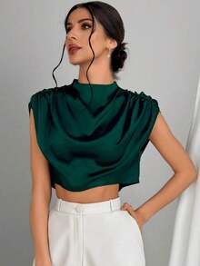 Blusa arrugada de cuello alto para mujeres - Verde Oscuro - Ver 3
