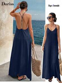 Vestido largo elegante de mujer con tirantes finos, espalda descubierta y lentejuelas, adecuado para fiestas, bodas, playa y vacaciones, color negro, para verano - Azul marino - Ver 1