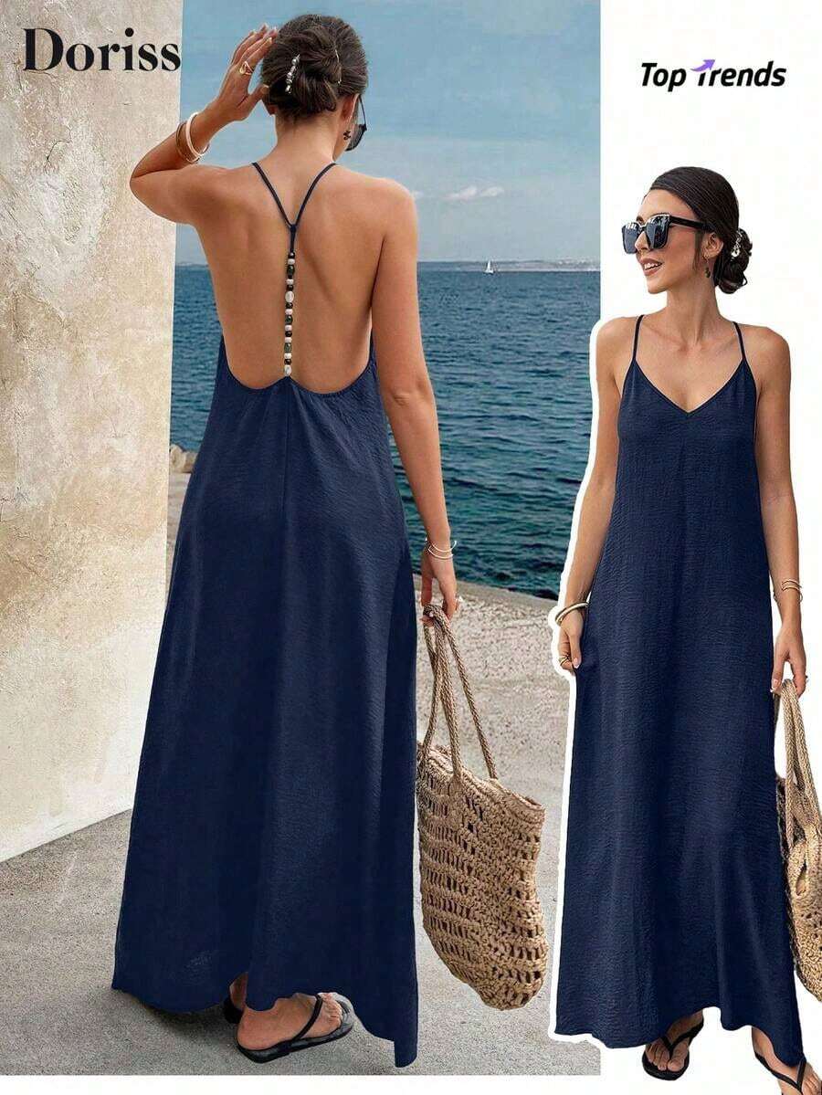Vestido largo elegante de mujer con tirantes finos, espalda descubierta y lentejuelas, adecuado para fiestas, bodas, playa y vacaciones, color negro, para verano - Azul marino - Ver 1