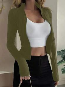 Chaqueta ajustada con cremallera, adecuada para primavera y verano - Verde militar - Ver 5