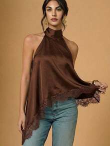Blusa elegante de cuello halter con bajo asimétrico y encaje de contraste de unicolor para mujer - Marrón - Ver 1