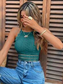 Camiseta de tirantes de mujer con cuello halter, hombros descubiertos y entredós de encaje - Agua verde azul - Ver 6