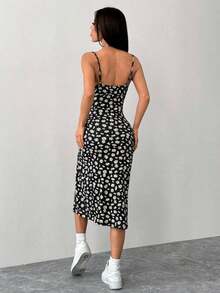 Vestido ajustado para mujer con tirantes de espagueti y abertura lateral con estampado floral diminuto - Negro - Ver 2