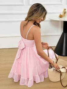 Women's Solid Color Spaghetti Strap Mini Dress, With Twist Bust Design And Ruffle Hem, Tie Back Elegant Pink - Pink - View 2