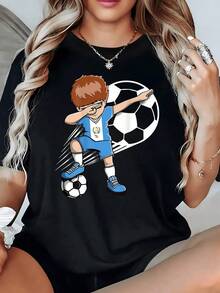 A Young Soccer Player Making A Funny Gesture With A Ball Symbolizes Passion For The Sport, Youthful Energy, And Joy In Every Movement. Casual, Comfortable, And Modern Women's T-Shirt. - 黑色 - 查看 8
