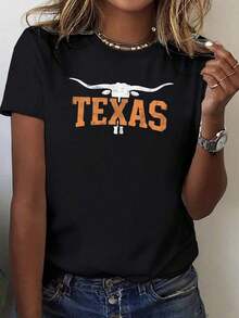 Women's Texas Longhorn Graphic T-Shirt - 180g, Comfortable Fit, Crew Neck, Machine Wash - Perfect For Christmas, Valentine's Day And New Year's 100% Cotton - 黑色 - 查看 1