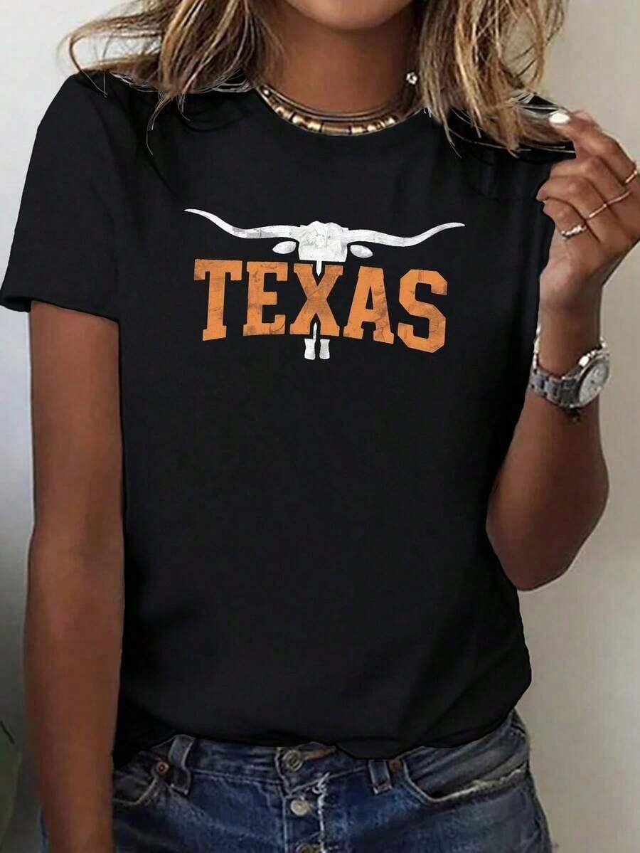 Women's Texas Longhorn Graphic T-Shirt - 180g, Comfortable Fit, Crew Neck, Machine Wash - Perfect For Christmas, Valentine's Day And New Year's 100% Cotton - 黑色 - 查看 1