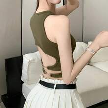 Nuevas camisetas deportivas sin mangas para mujer con almohadillas de sujetador, tops cortos casuales sin espalda, camisola de punto para correr, tops de ropa urbana para mujer - Verde - Ver 5