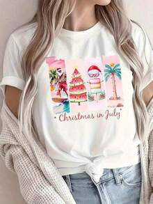 Christmas Series Pattern Round Neck Short Sleeves, Loose Casual Christmas T-Shirt - Featuring A Christmas Tree, Santa Claus Hat, And Other Fashionable Elements, This Round Neck Short Sleeve T-Shirt Is The Best Christmas Gift For Friends, Family, And Yourself. It Will Make You Shine In This Wonderful Christmas Winter Wear - Unisex Clothing For Women And Men - 白色的 - 查看 1