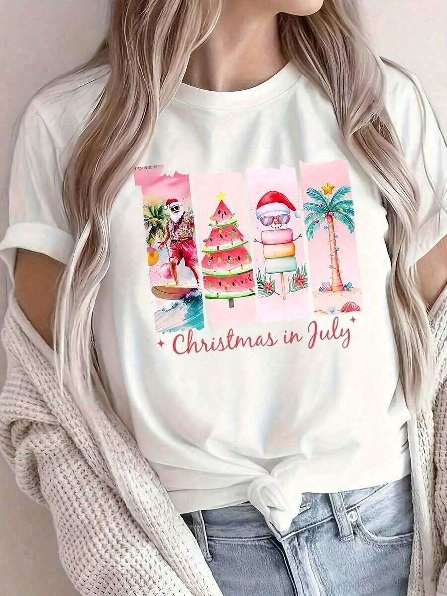 Christmas Series Pattern Round Neck Short Sleeves, Loose Casual Christmas T-Shirt - Featuring A Christmas Tree, Santa Claus Hat, And Other Fashionable Elements, This Round Neck Short Sleeve T-Shirt Is The Best Christmas Gift For Friends, Family, And Yourself. It Will Make You Shine In This Wonderful Christmas Winter Wear - Unisex Clothing For Women And Men - 白色的 - 查看 1