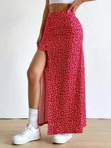 Falda larga con diseño floral pequeño y abertura en el dobladillo - Rojo - Ver 3
