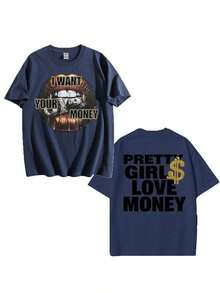 Fly "I Want Your Money" Hip-Hop Style T-Shirt, 100% Cotton, Double-Sided Print, Suitable For Men And Women, The Best Gift For Summer, Casual Short Sleeve T-Shirt - Premium Cotton T-Shirts With Graphic Print And Round Neck - Unisex Loose Fit T-Shirt, Comfortable, Urban Vintage Style. - 藏蓝色 - 查看 2