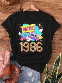 Women's Vintage T-Shirt 1986 - Retro 80s Print - 40th Birthday Top With Magenta Print, Short Sleeve, Round Neck, Casual For Summer And Spring - 40th Birthday Gift, 2000s Style, Mother's Day, Women's Clothing, Casual Blouses For Ladies - 黑色 - 查看 1