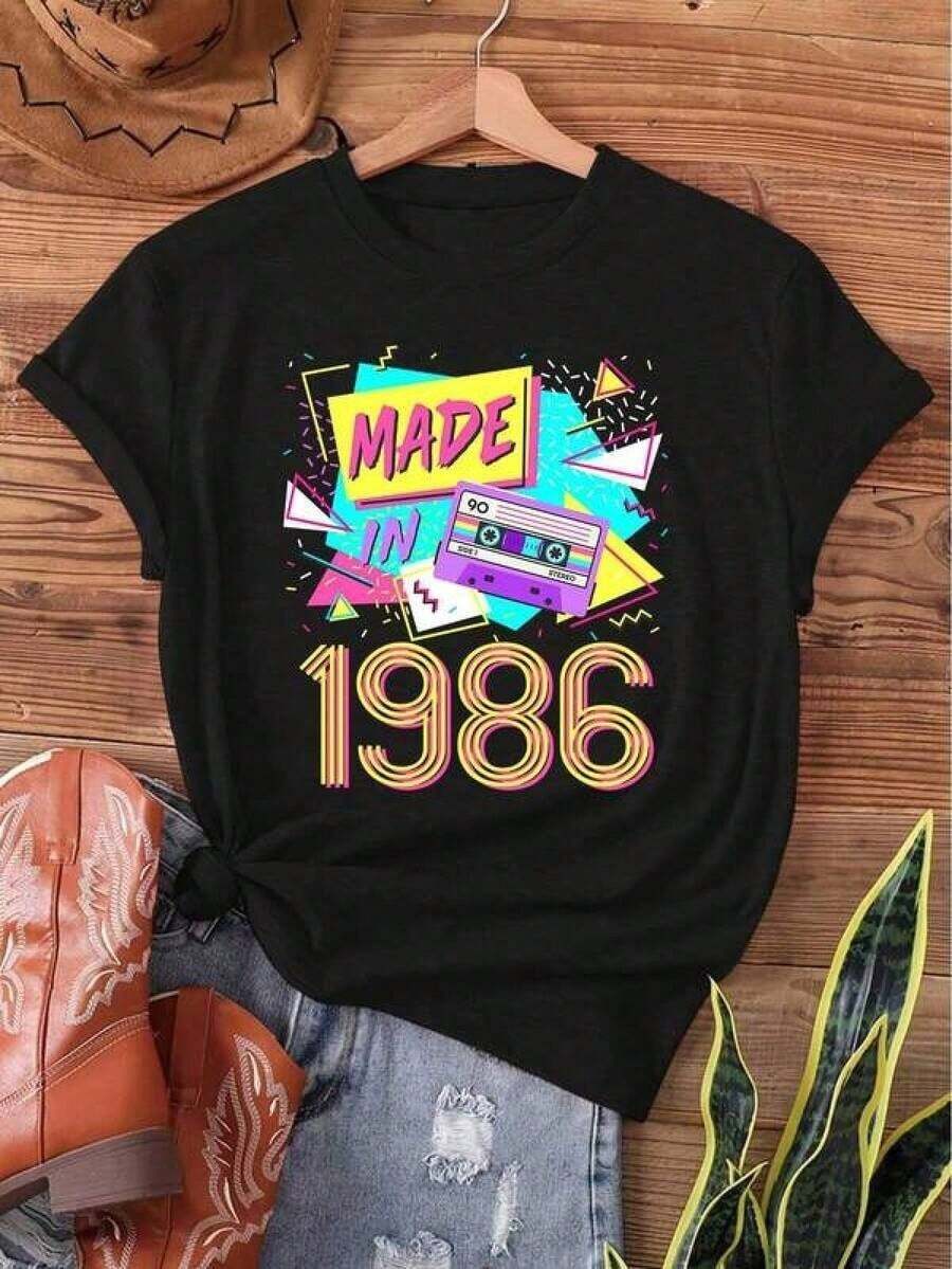 Women's Vintage T-Shirt 1986 - Retro 80s Print - 40th Birthday Top With Magenta Print, Short Sleeve, Round Neck, Casual For Summer And Spring - 40th Birthday Gift, 2000s Style, Mother's Day, Women's Clothing, Casual Blouses For Ladies - 黑色 - 查看 1