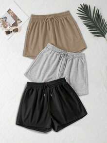 3 piezas Pantalones cortos deportivos casuales de cintura elástica y cordón de unicolor - Gris Claro - Ver 12