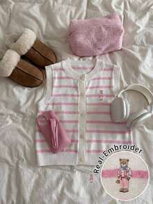 Chaleco tipo cárdigan con cuello en V rosa Jsfg para mujer, ideal para salir. - Rosa 4 - Ver 4