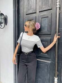 de mujer de manga corta con escote trasero a rayas francesas, ideal para primavera/verano - Blanco - Ver 4