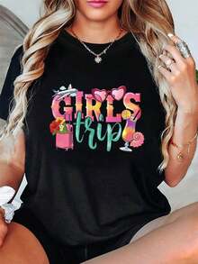 Camiseta de Mujer Oversize Extra Grande - Camiseta de Cuello Redondo para Mujer, Talla Grande, Manga Corta, Estampado de Alfabeto para Vacaciones de Verano, Estampado de Letras Casual, Elasticidad Media, Ropa Cómoda para Uso Diario en Primavera y Verano, Corte Amplio, Ropa de Mujer, Tops para Salir para Mujer - Negro - Ver 1