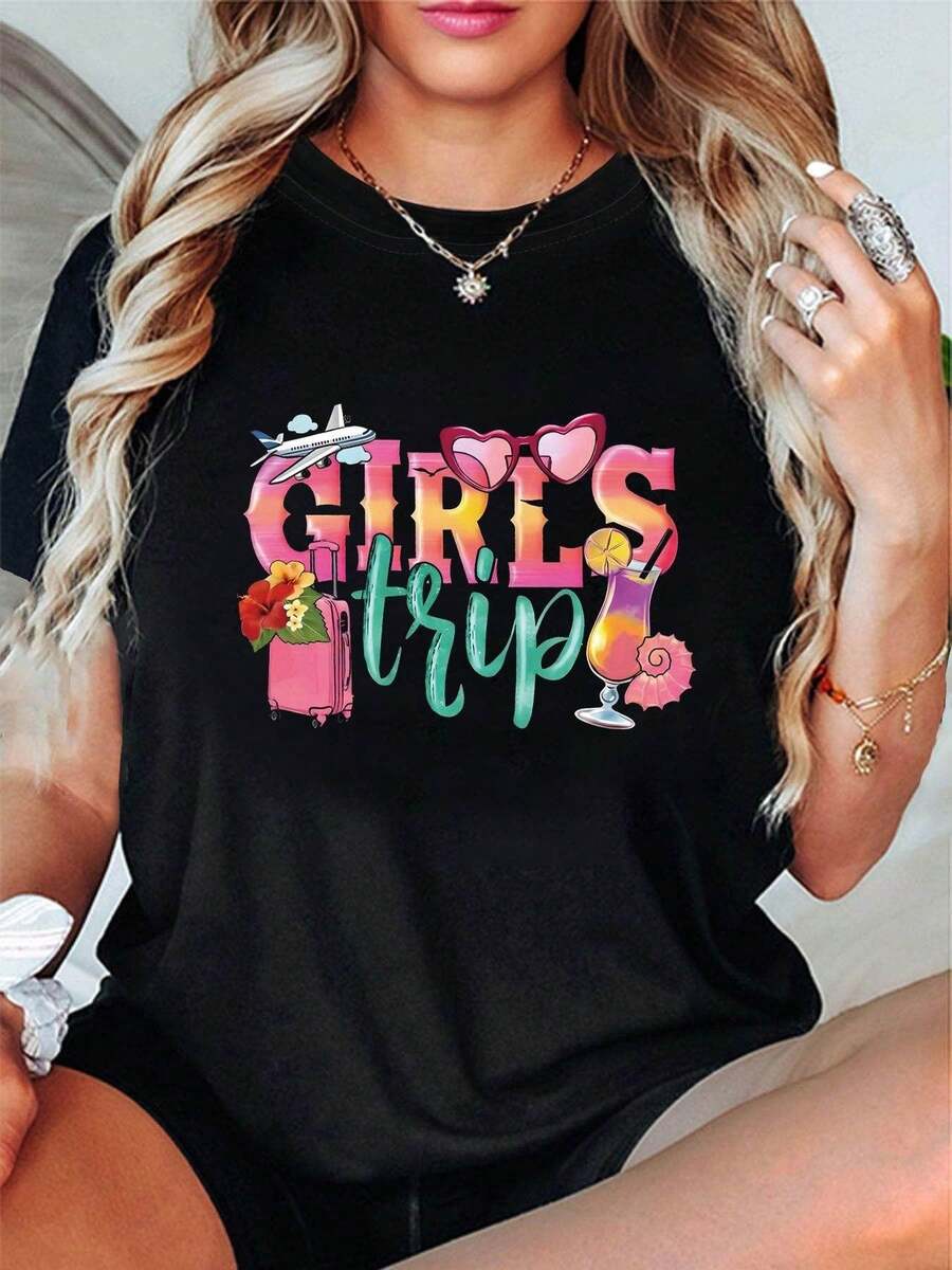 Camiseta de Mujer Oversize Extra Grande - Camiseta de Cuello Redondo para Mujer, Talla Grande, Manga Corta, Estampado de Alfabeto para Vacaciones de Verano, Estampado de Letras Casual, Elasticidad Media, Ropa Cómoda para Uso Diario en Primavera y Verano, Corte Amplio, Ropa de Mujer, Tops para Salir para Mujer - Negro - Ver 1