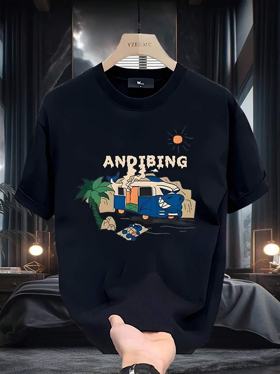 Camisetas Gráficas para Hombre, Camiseta de Manga Corta Estampada de Marca Streetwear, Algodón Puro de 180g de Alto Gramaje para Verano, Top Versátil Estampado de Estilo Coreano e Inspiración Japonesa - Negro - Ver 1