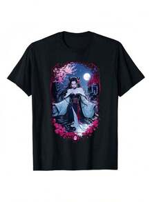 Camiseta de manga corta con cuello redondo para mujer, con diseño de chica anime gótica, estampada por un lado con 220G Pure, perfecta para la elegancia bajo la luz de la luna. - Negro - Ver 1