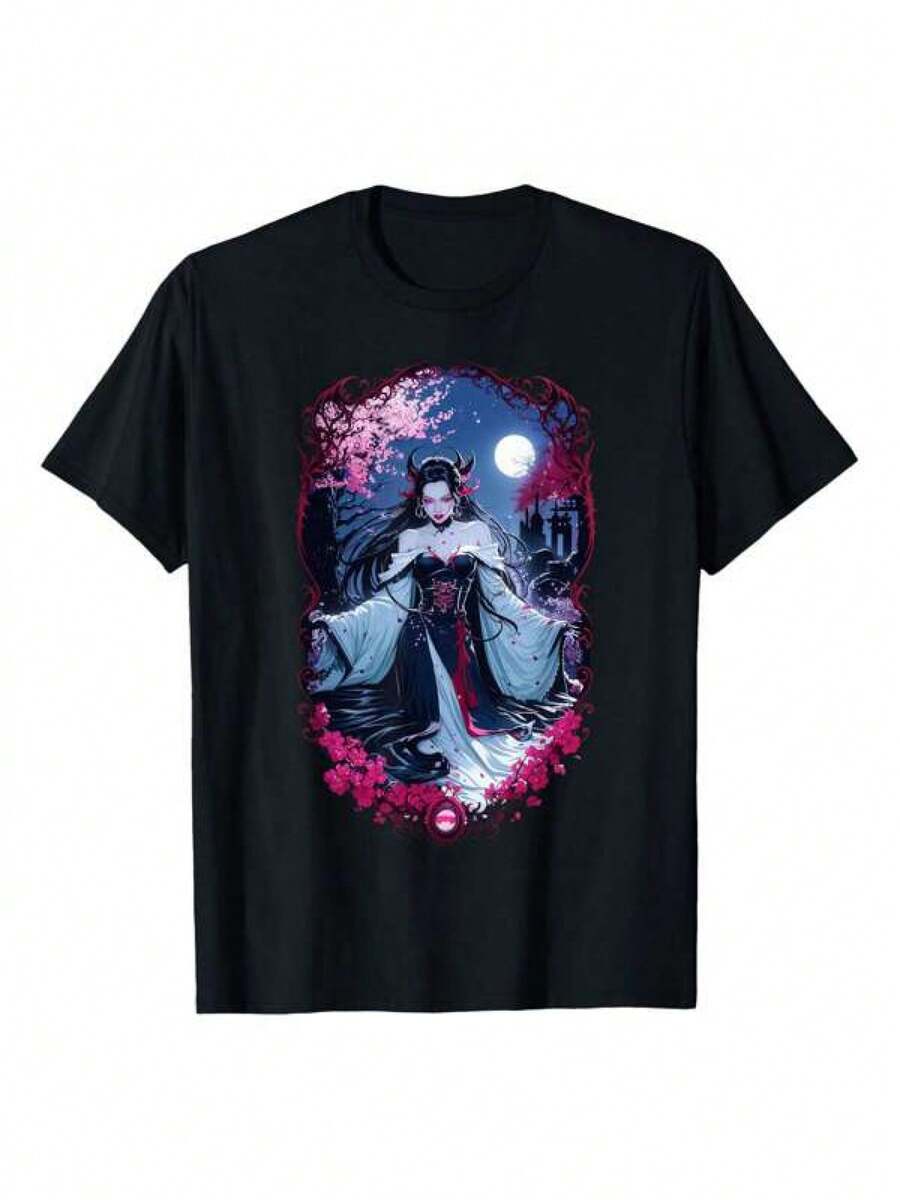 Camiseta de manga corta con cuello redondo para mujer, con diseño de chica anime gótica, estampada por un lado con 220G Pure, perfecta para la elegancia bajo la luz de la luna. - Negro - Ver 1