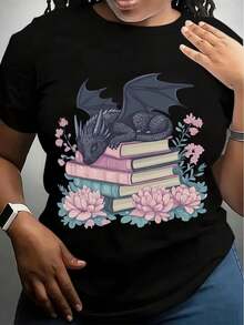 Camiseta de gran tamaño con estampado gráfico de dragón y libros. Camiseta de manga corta con cuello redondo. Top de moda casual de verano. Diseño Y para edades de 8 a 14 años. Camiseta de Dragón - Negro - Ver 6