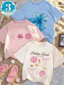 Set Of Short-Sleeved T-Shirts With A Crew Neck. Single Garment, Not A 3-Piece Set. 1 Piece/Set Of Short-Sleeved T-Shirts Suitable For Streetwear. Top Oversized Crew Neck, Suitable For Daily Outings, Camping, Concerts, Hip-Hop, Rock, And Rap Events. Round Neck, Floral Print, Starfish And Shells, Casual And Summery Style, Versatile And Suitable For Wearing At The Beach Or On Vacation. - 黑色 - 查看 8