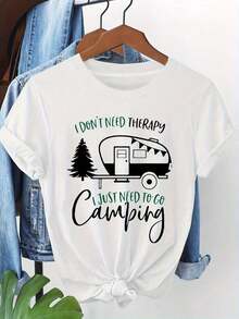 No necesito terapia; Simplemente quiero ir a acampar.Camiseta de manga corta cuello redondo de mujer con texto impreso parrimavera y verano - Blanco - Ver 1