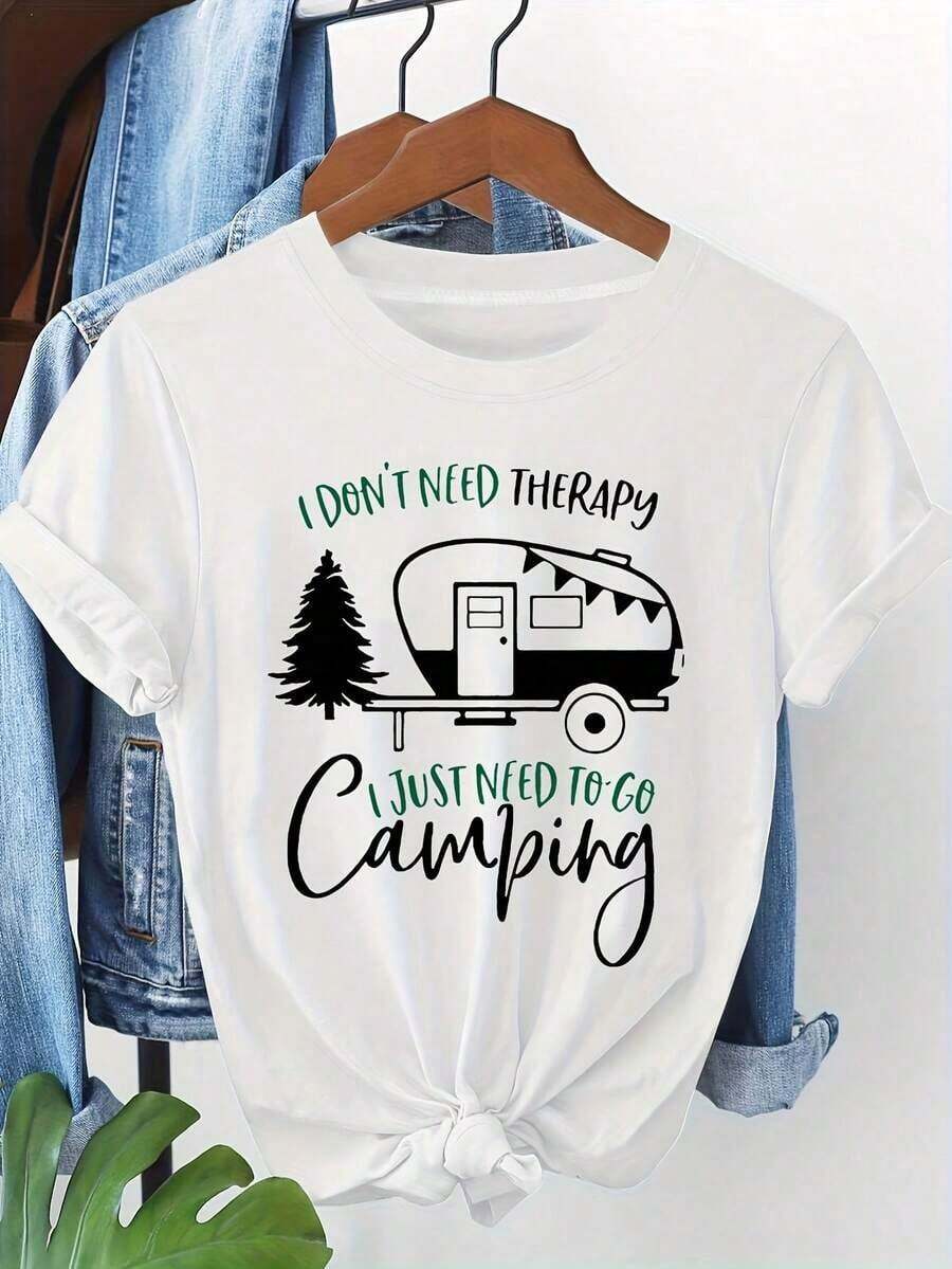 No necesito terapia; Simplemente quiero ir a acampar.Camiseta de manga corta cuello redondo de mujer con texto impreso parrimavera y verano - Blanco - Ver 1