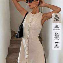 Button Front Cinched Waist A-Line Sleeveless Casual Vacation Elegant Mini Dress, Linen Material Summer Dresses For Women,Business Casual Woman Old Money Style - Albaricoque - Ver 6