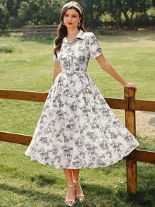 Vestido de mujer elegante y vintage con bolsillos y cinturón, vestido camisero con estampado floral, cierre con botones, vestido casual para ir y venir, vacaciones, vestidos de verano para mujer, atuendos de vacaciones de verano, atuendos de primavera para mujer, vestidos de primavera para mujer, ropa de primavera para mujer, atuendos de vacaciones de primavera, vestidos elegantes para fiestas, vestidos elegantes para fiestas para mujer, vestido de invitada de boda para mujer, vestido de fiesta de boda, vestido de graduación, vestidos elegantes para ceremonias, vestidos elegantes para mujer, vestido formal - Azul y blanco - Ver 8