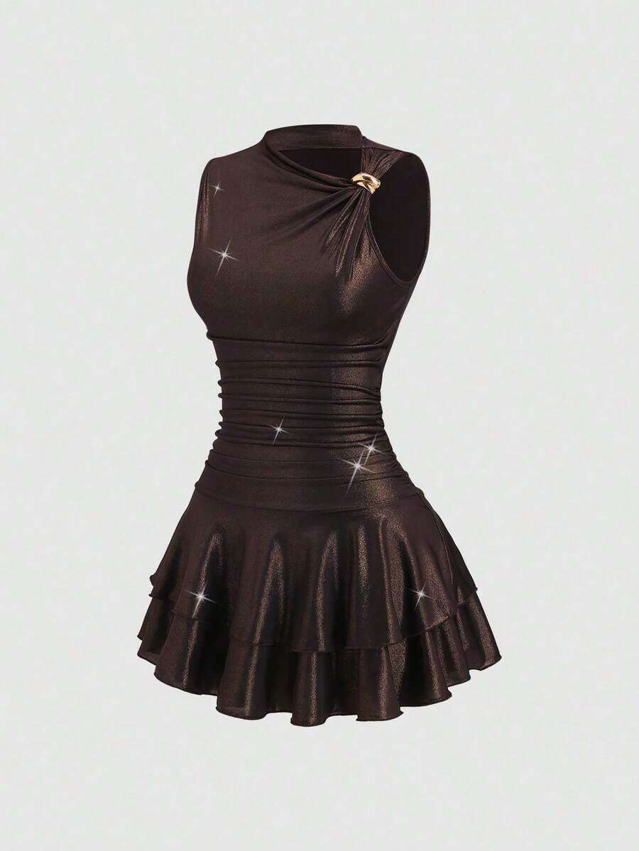 Nuevo vestido mini de tela brillante, sexy, para fiesta, casual y de uso diario, sin mangas, con cintura ceñida, doble volante en el bajo, color marrón café para mujeres - Café integral - Ver 1