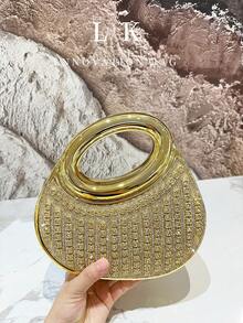 1 chiếc túi xách nữ sang trọng đính đá vàng lấp lánh, túi cầm tay cao cấp thanh lịch, túi dự tiệc duyên dáng, túi tua rua, hoàn hảo cho tiệc tùng, đám cưới, dạ hội, tiệc chiêu đãi. - Vàng - Xem 3