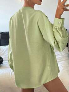 Blusa amarilla holgada con cuello redondo y plisados para mujer - Verde - Ver 4