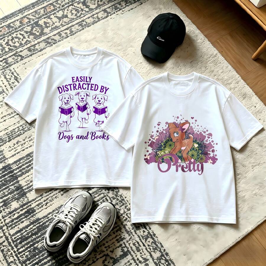 2-Piece Couple Matching Pattern T-Shirt, 100% Cotton, Loose Fit, Soft And Breathable, Casual Round Neck Short Sleeved Top Easily Distracted By Dogs And Books Cute Dog With Book And Flower Versatile Patterns No Picky Combinations Coordinated Dating Casual Travel Simple And Cartoonish Printing - 白色 - 查看 1