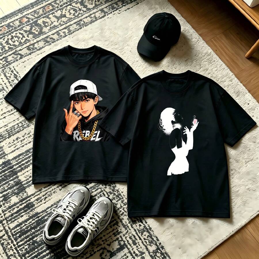 2-piece couple matching pattern T-shirt, 100% cotton, loose fit, soft and breathable, casual round neck short sleeved top New York City Skyline Lips Look On The Bright Side Hearts Versatile patterns no picky combinations coordinated dating casual travel simple and cartoonish printing styles high - Negro - Ver 1