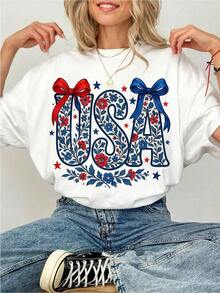Camiseta Casual USA con Estampado Floral y Lazo para Mujer, 100% Algodón, Estilo Patriótico Coqueta, Ropa de Verano Suave y Transpirable, Estilo Y2K para el 4 de Julio, Ropa Casual Urbana, Regalo Único para Ella, 100% Algodón, Duradera - Blanco - Ver 6