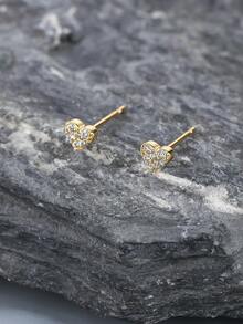 1 Đôi bông tai hình trái tim mini đính đá Zirconia toàn phần, mạ vàng, thiết kế độc đáo, đa năng, phù hợp đeo hàng ngày cho nữ. - Bông tai hình trái tim - Xem 5