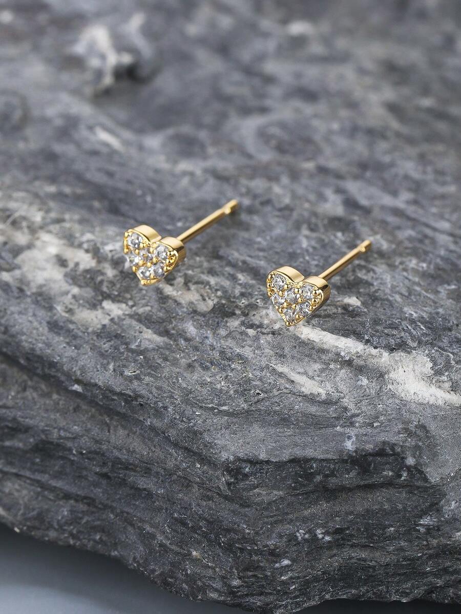 1 Pair Gold Small Mini Inlaid Cubic Zirconia Heart Brass Stud Earrings, Niche Design, Versatile For Daily Wear - Heart-shaped Earrings - View 1