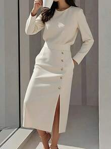 Long, Plain Party Dress, Spring 2026, Fitted With An Elegant Slit - White - View 2