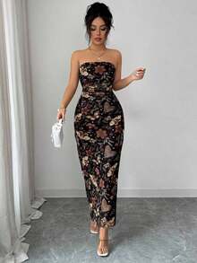 de fiesta elegante de mujer con cintura ceñida, estampado de malla teñida anudada y abertura lateral - Negro - Ver 5