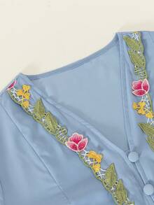Women's Elegant Romantic Floral Embroidery Button-Up Cardigan, Long Sleeve - Baby Blue - View 3