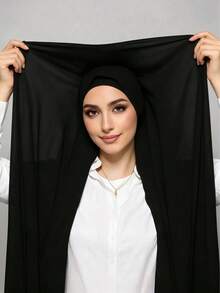 1pc 3-In-1 Ready-To-Wear Chiffon Hijab With Built-In Magnet And Inner Cap/All-In-One Ready-To-Wear Hijab--No Pins Needed, Non-Slip Fit, Quick Wear - Black - View 3