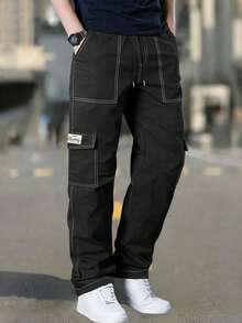 Spring/Autumn Men's Multi-Pocket Cargo Straight Leg Pants, Solid Color Loose Fit, Versatile For Fitness, Commuting And Sports - Black - View 2