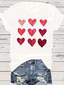 Mother's Day Gift: Crew Neck T-Shirt With Vibrant Heart Print - Soft Polyester, Medium Elasticity, Regular Length, Casual Short Sleeve Top For Spring And Summer, Women's Clothing With Random Print - 白色 - View 7
