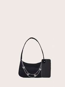 Butterfly Chain Decor Solid Color Underarm Shoulder Bag, Lightweight Zipper Handbag For Teenagers Girls - Black - View 3