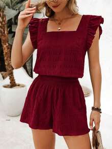 Conjunto de dos piezas para mujeres de vacaciones de verano con top de manga corta con cuello cuadrado y shorts de unicolor - Burdeos - Ver 6